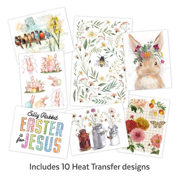 A collage of 10 colorful heat transfer designs, including Easter eggs, flowers, a rabbit with a floral crown, vintage jugs with wildflowers, bees, butterflies, and the phrase "Silly Rabbit Easter is for Jesus.