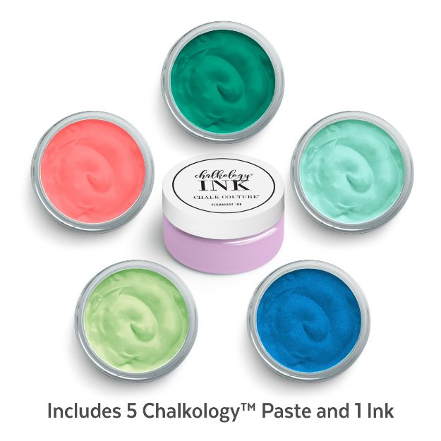 Five open containers of colorful Chalkology™ Paste in green, coral, teal, light green, and blue surround a container of Chalk Couture ink. Text reads: "Includes 5 Chalkology™ Paste and 1 Ink.