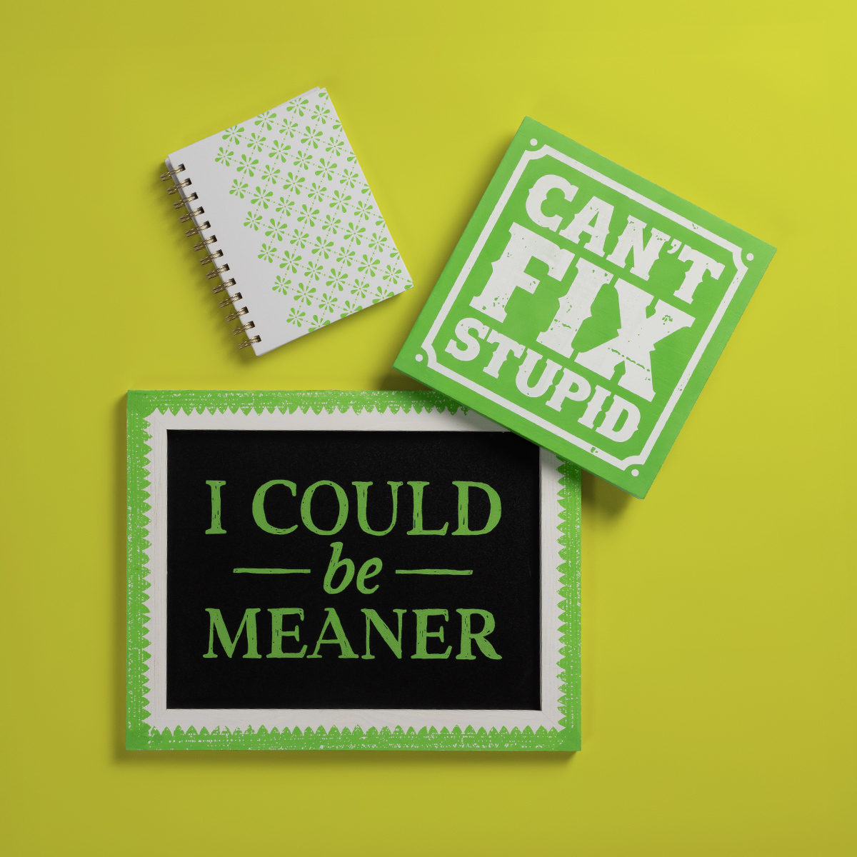 Three items on a yellow surface: a white notebook with green floral patterns, a green and white sign reading "CAN'T FIX STUPID," and a black sign with green edges that says "I COULD be MEANER.