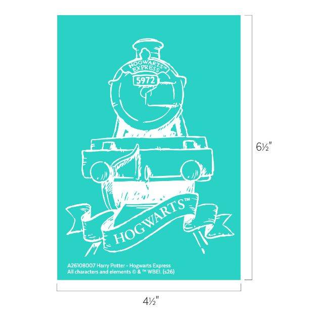 A white sketch of the Hogwarts Express train with the number 5972 on a teal background. Below the train is a ribbon with the word "Hogwarts." Dimensions are marked as 6½" tall and 4½" wide.