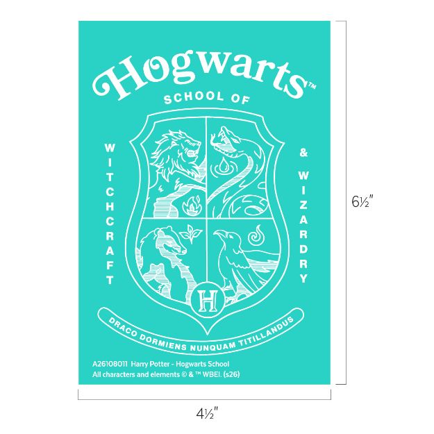 Turquoise graphic of the Hogwarts School crest from Harry Potter, featuring symbols of the four houses and the motto "Draco Dormiens Nunquam Titillandus," with "Hogwarts School of Witchcraft & Wizardry" in white text.