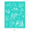 Turquoise sheet with white line art of various Harry Potter symbols: glasses, Sorting Hat, owl, snake, stag, HP logo, Deathly Hallows, lightning bolt, lion, badger, and Hogwarts castle. Sheet size: 8.5" x 11".