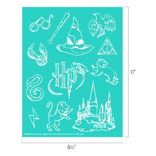 Turquoise sheet with white line art of various Harry Potter symbols: glasses, Sorting Hat, owl, snake, stag, HP logo, Deathly Hallows, lightning bolt, lion, badger, and Hogwarts castle. Sheet size: 8.5" x 11".