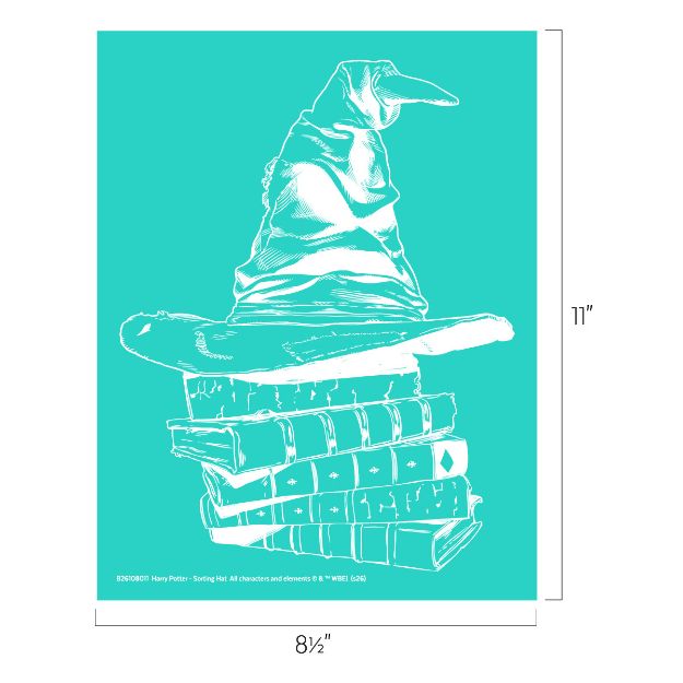 White line drawing of a wrinkled wizard's hat resting on a stack of five books, set against a teal background. The image dimensions are 11 inches by 8.5 inches.