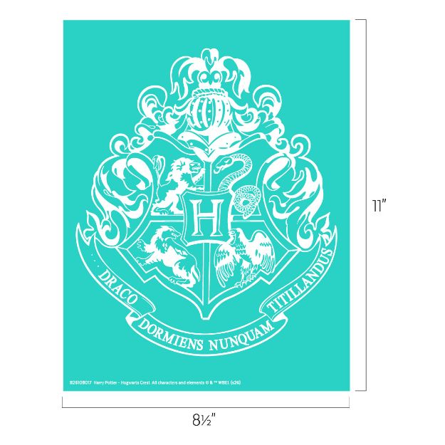 White Hogwarts crest featuring four animals—lion, snake, eagle, and badger—surrounding an "H", with the motto "Draco Dormiens Nunquam Titillandus" on a teal background. Image dimensions: 8.5" x 11".