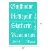 Teal sheet with white text in a Gothic font featuring the words: Gryffindor, Hufflepuff, Slytherin, Ravenclaw, Seeker, Wizard, Prefect, and Alumni. Dimensions are 12 inches wide by 18 inches tall.