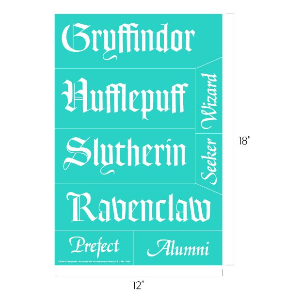 Teal sheet with white text in a Gothic font featuring the words: Gryffindor, Hufflepuff, Slytherin, Ravenclaw, Seeker, Wizard, Prefect, and Alumni. Dimensions are 12 inches wide by 18 inches tall.