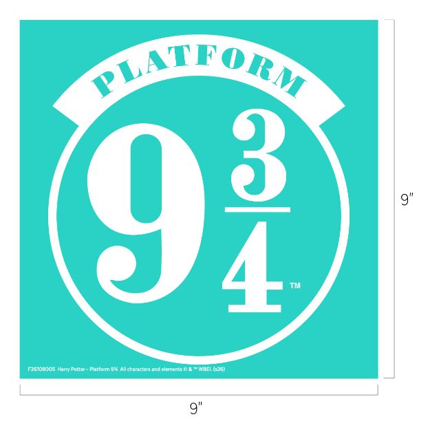 A teal square sign with white text that reads "Platform 9 3/4" in large numbers and letters, referencing the magical train platform from the Harry Potter series. The sign measures 9 inches by 9 inches.