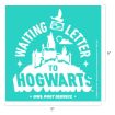 Teal square graphic with a silhouette of Hogwarts castle, a flying owl carrying a letter, and the text: "Waiting on my letter to Hogwarts. Owl Post Service." The image is 9 inches by 9 inches.