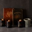 Three black candles with Harry Potter symbols, a green mug with the Deathly Hallows symbol, and two Harry Potter-themed books, all arranged on a dark surface with a dark background.