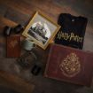 A flat lay of Harry Potter-themed merchandise, including a black T-shirt, framed Hogwarts artwork, leather notebook, illustrated book, suitcase, ceramic mug, and black containers with magical symbols on a wooden floor.