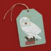 A gift tag with an illustration of a white owl holding an envelope in its beak, standing on books labeled “Potions” and “Herbology,” on a green background with a twine string, set against a red surface.