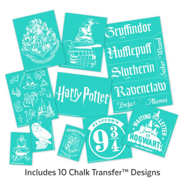 Ten teal stencils feature various white Harry Potter-themed designs, including house names, the Hogwarts crest, Platform 9 3/4, magical objects, and the phrase "Waiting on my letter to Hogwarts." Text reads: "Includes 10 Chalk Transfer Designs.