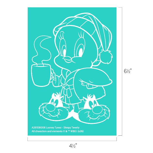 Line drawing of Sleepy Tweety from Looney Tunes in pajamas, holding a mug and a pillow, wearing slippers and a nightcap. Image size is 6.5 inches tall by 4.5 inches wide.
