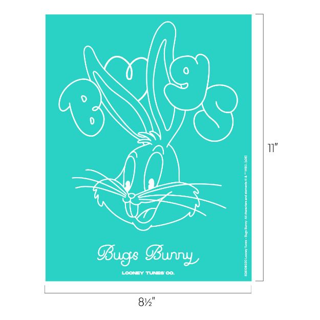 Turquoise poster featuring a white outline drawing of Bugs Bunny’s face with large ears. The word "Bugs" is playfully integrated above his head. Text below reads "Bugs Bunny Looney Tunes Co." Size: 8.5" x 11".
