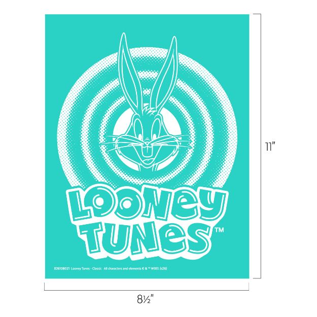 Turquoise poster featuring a white outline of Bugs Bunny’s face in the center of concentric circles, with the "Looney Tunes" logo below. Poster dimensions are 8.5 by 11 inches.
