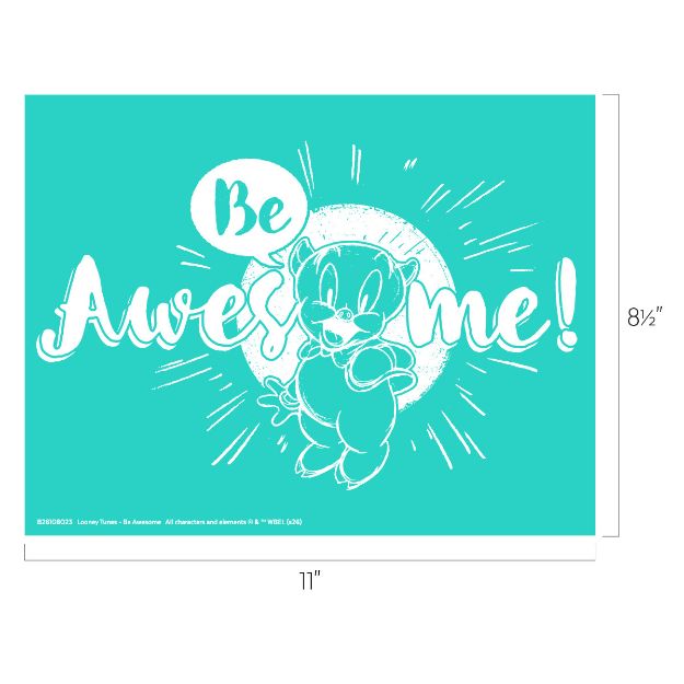 Turquoise poster with "Be Awesome!" in white playful script. In the center is a cartoon bear standing and smiling. Dimensions are 11 inches wide by 8.5 inches tall.