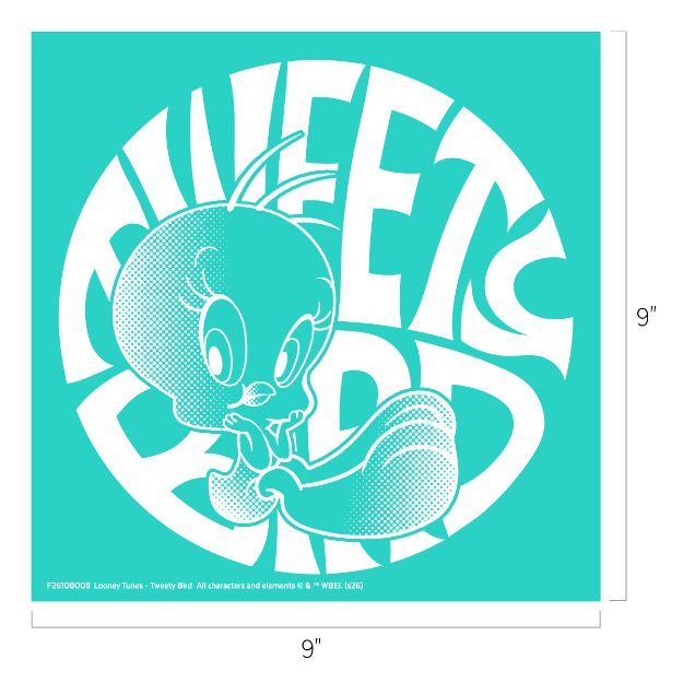 A stylized illustration of Tweety Bird with large eyes and a smiling expression, surrounded by the words "Tweety Bird" in bold, curvy white text on a teal background. The image measures 9 by 9 inches.