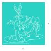 Outline drawing of Bugs Bunny, Daffy Duck, and Porky Pig standing together on a teal square background. The image is 9 by 9 inches, with each character in a playful pose.