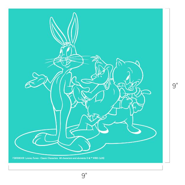 Outline drawing of Bugs Bunny, Daffy Duck, and Porky Pig standing together on a teal square background. The image is 9 by 9 inches, with each character in a playful pose.