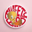 A circular sign featuring the cartoon character Tweety Bird in the center, with large, stylized red letters spelling "Tweety Bird" around the character, set against a pale pink background.