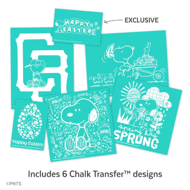 A collection of six teal-colored chalk transfer designs featuring Snoopy and Easter or spring themes, displayed in a collage. Text reads: "Includes 6 Chalk Transfer™ designs.