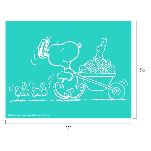 A white line drawing of Snoopy pushing a wheelbarrow full of Easter eggs and a bunny, while holding an egg, with three bunnies following behind. The background is teal and the image dimensions are 11" x 8.5".