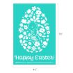 A turquoise card features Snoopy hugging Woodstock inside an egg-shaped floral pattern, with "Happy Easter!" written at the bottom and dimensions labeled 4½" by 6½".