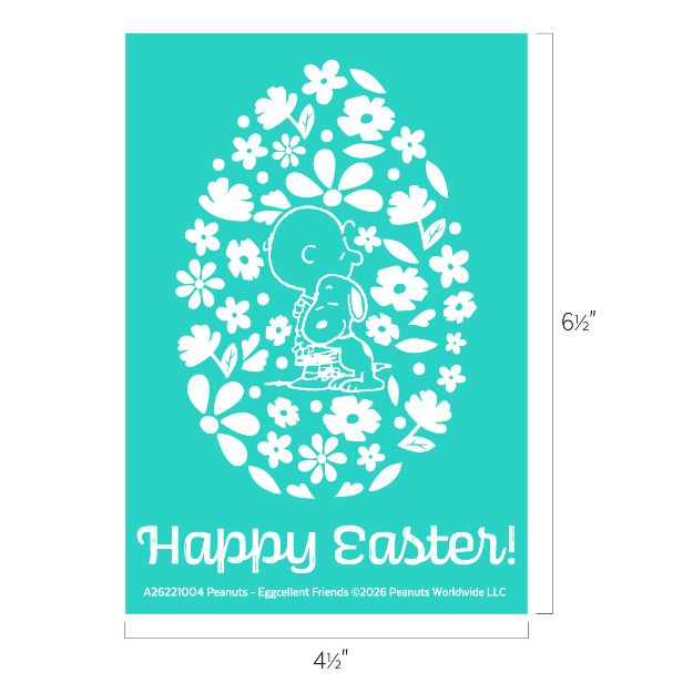 A turquoise card features Snoopy hugging Woodstock inside an egg-shaped floral pattern, with "Happy Easter!" written at the bottom and dimensions labeled 4½" by 6½".