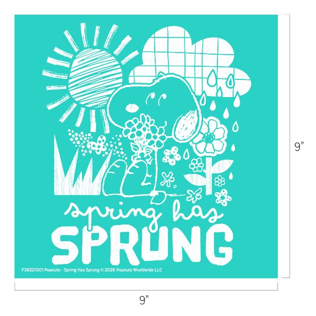 White illustration on a teal background showing Snoopy with flowers, a sun, a cloud, and raindrops. Text below reads "spring has SPRUNG." The image measures 9 inches by 9 inches.
