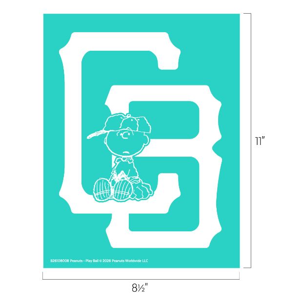 A turquoise rectangle with a large white letter "G" and a white line drawing of Charlie Brown, from Peanuts, sitting in the lower part of the letter. Image dimensions are 11" tall by 8.5" wide.
