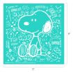 Turquoise square graphic featuring a white outline drawing of Snoopy sitting, surrounded by playful comic-style words like "GULP!", "OLAF", "SIGH", "HELP!", and doodles, measuring 9 by 9 inches.