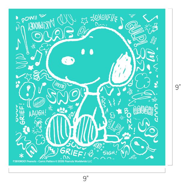 Turquoise square graphic featuring a white outline drawing of Snoopy sitting, surrounded by playful comic-style words like "GULP!", "OLAF", "SIGH", "HELP!", and doodles, measuring 9 by 9 inches.