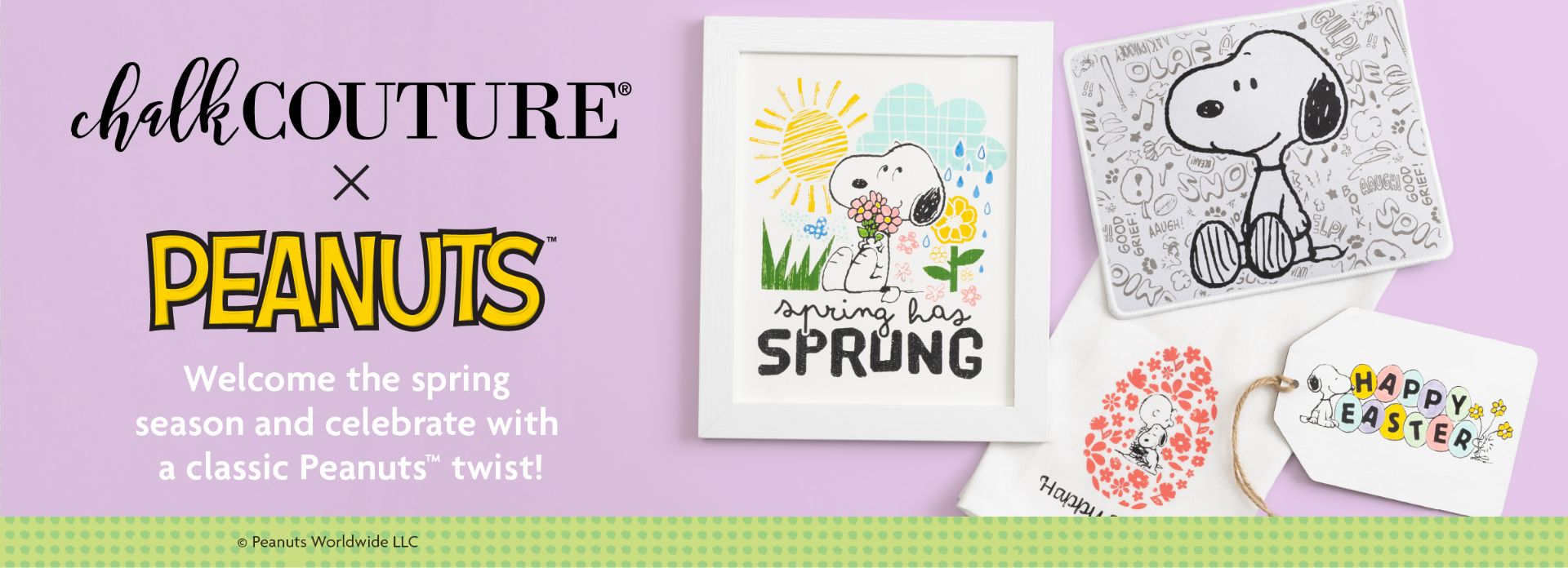 Spring-themed Peanuts display with Snoopy art in a frame, a drawing, a tag reading "Happy Easter," and floral decor. Text: "Chalk Couture x Peanuts. Welcome the spring season and celebrate with a classic Peanuts twist!.