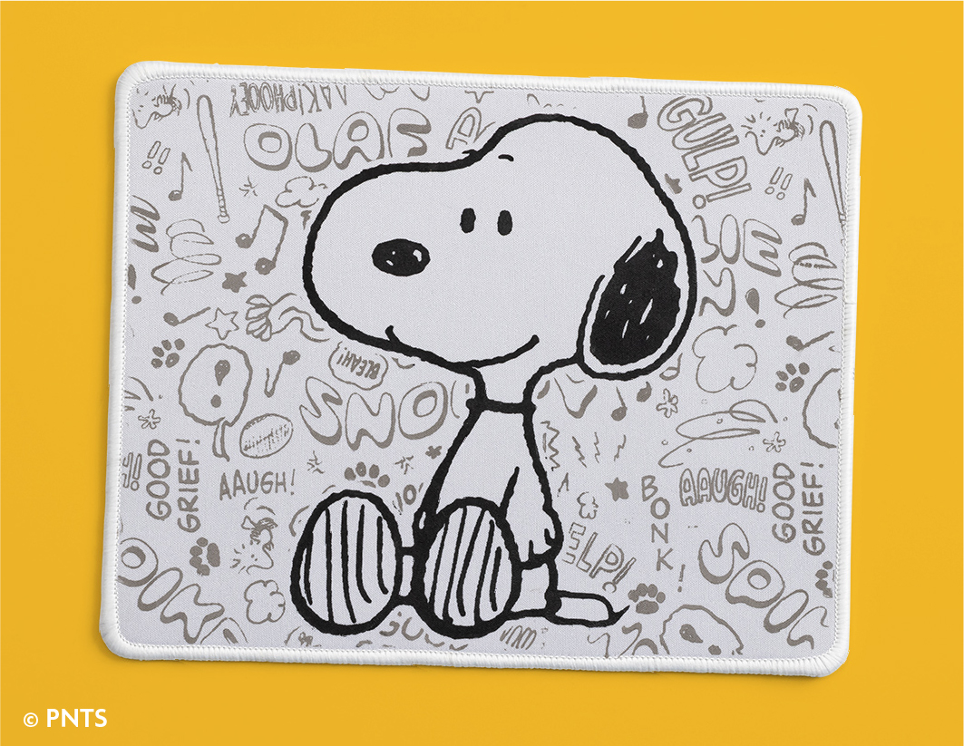 A white mat featuring a black and white illustration of Snoopy sitting, surrounded by doodles, sound words like "GULP!", "JOE COOL", and "GOOD GRIEF!", on a yellow background.
