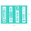 Four turquoise rectangular bookmarks with genre names: "Romance" (with hearts), "Fantasy" (with a dragon), "True Crime" (with a knife), and "Non-Fiction" (with a book). Dimensions: 6.5" x 4.5".