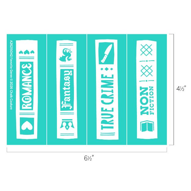 Four turquoise rectangular bookmarks with genre names: "Romance" (with hearts), "Fantasy" (with a dragon), "True Crime" (with a knife), and "Non-Fiction" (with a book). Dimensions: 6.5" x 4.5".