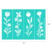 Four white, hand-drawn floral designs are arranged vertically on a teal background, divided into four equal panels. Dimensions are marked as 6.5 inches wide by 4.5 inches tall.