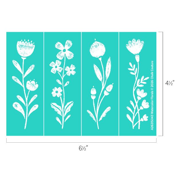 Four white, hand-drawn floral designs are arranged vertically on a teal background, divided into four equal panels. Dimensions are marked as 6.5 inches wide by 4.5 inches tall.