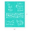 A turquoise stencil sheet featuring white handwritten phrases and floral designs. Phrases include "Sow Much Love," "It takes a long time to grow an old friend," "I wish you lived next door," and "You Grow Girl!.