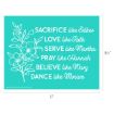 Turquoise sign with white floral illustration and text: "Sacrifice like Esther, Love like Ruth, Serve like Martha, Pray like Hannah, Believe like Mary, Dance like Miriam." Dimensions: 11" x 8.5".