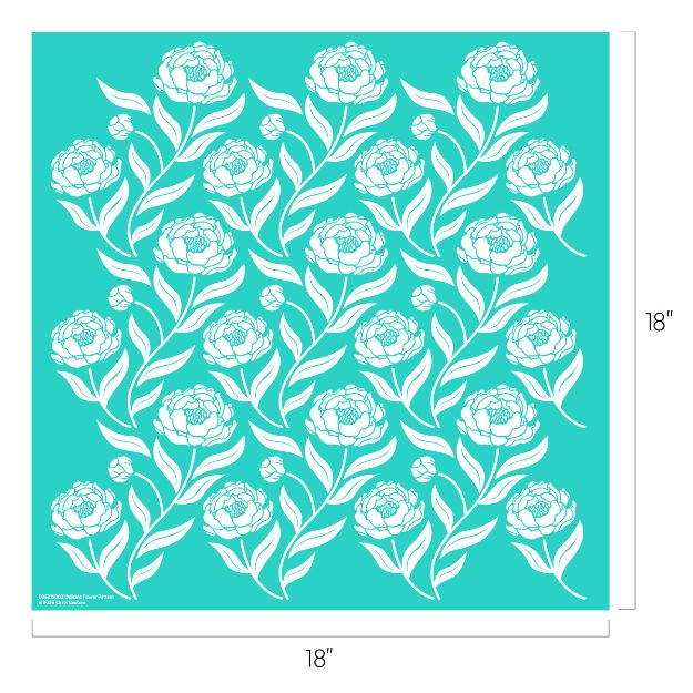 White floral pattern with blooming flowers and leafy stems on a teal square background. The design repeats across the surface. The square measures 18 inches by 18 inches.