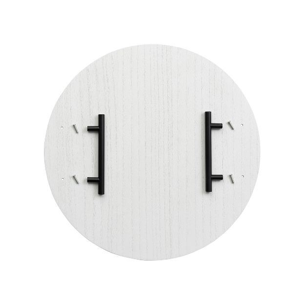 A round, white wooden tray with a subtle grain pattern and two parallel black metal handles attached on opposite sides. Four screws are visible near each handle. The tray is viewed from above against a white background.