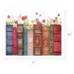 A row of colorful vintage books with intricate spines stands in front of blooming pink and white wildflowers. The image dimensions are 11 inches wide by 8.5 inches tall.