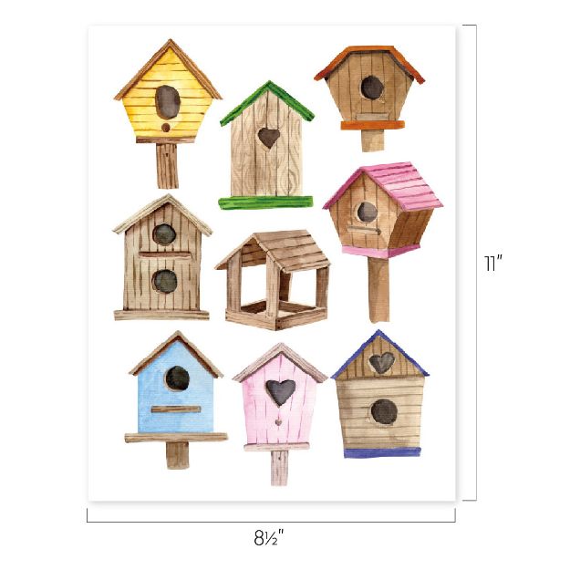 Watercolor illustration of nine different birdhouses in various shapes and colors, including yellow, brown, blue, and pink, arranged in three rows on a white background. Dimensions: 8.5" wide by 11" tall.