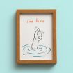 A framed drawing shows a hand giving a thumbs up while emerging from water, with the words "i’m fine" written above in orange text. The background is a light blue color.