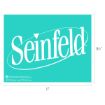 A turquoise rectangle with the white "Seinfeld" logo in large, slanted letters. The image includes measurements: 8½ inches tall and 11 inches wide. Copyright and trademark details are at the bottom.