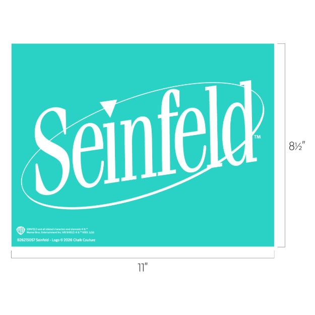 A turquoise rectangle with the white "Seinfeld" logo in large, slanted letters. The image includes measurements: 8½ inches tall and 11 inches wide. Copyright and trademark details are at the bottom.
