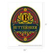 A colorful oval label for Butterbeer with ornate designs, a large "B" at the top, and the text "Since 1867 Butterbeer from the original recipe" in yellow on a blue and red background. Dimensions are 8.5"x11".
