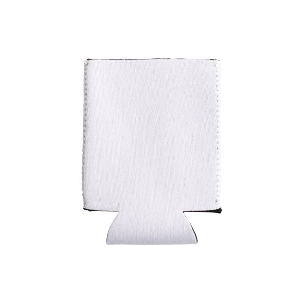 A plain, white, fabric can cooler sleeve with a flat bottom and visible stitching, isolated on a white background.